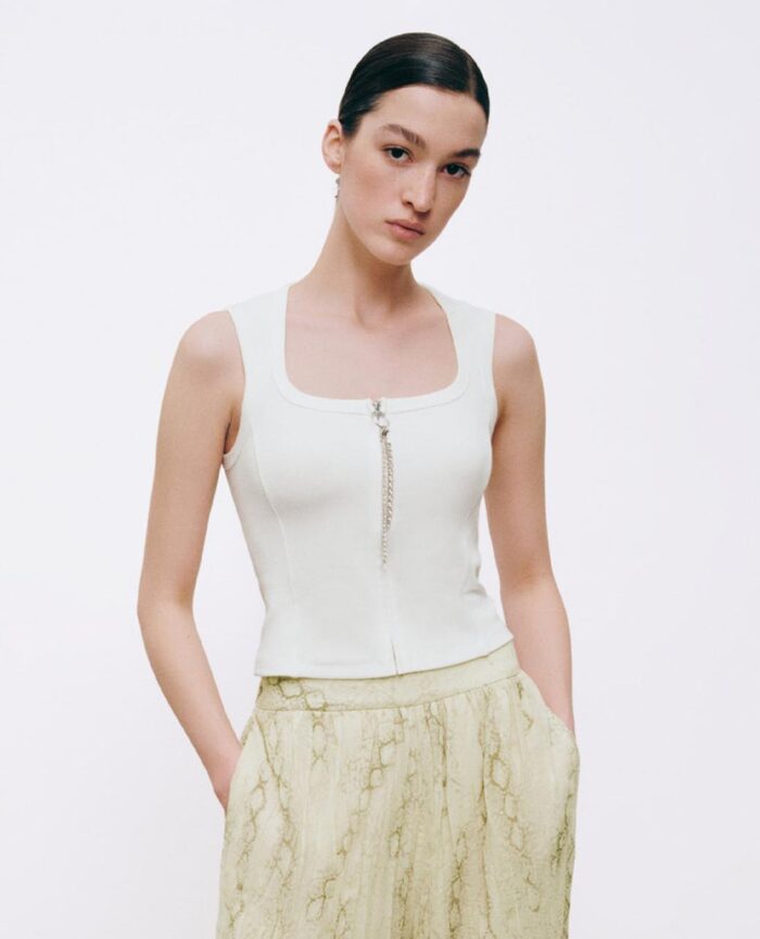 Women's square neck tank top with zip closure
